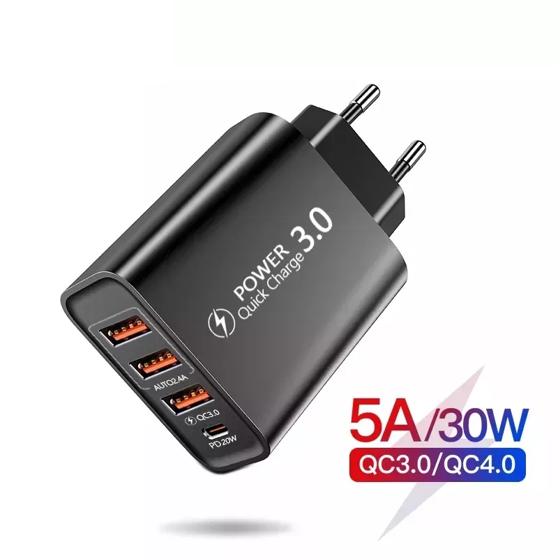 

5A 30W 4 Ports USB Charger Quick Charge Fast Wall Charger For Xiaomi iPhone11 Portable Phone Charger QC 3.0 Adapter EU/US Plug