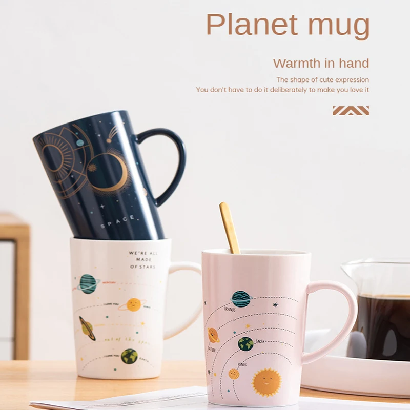 

Sky Planet Ceramic Mug With Lids Spoon Set Water Cup Fashion Creative Couple Children's Breakfast Milk Coffee Cup Friends Gift