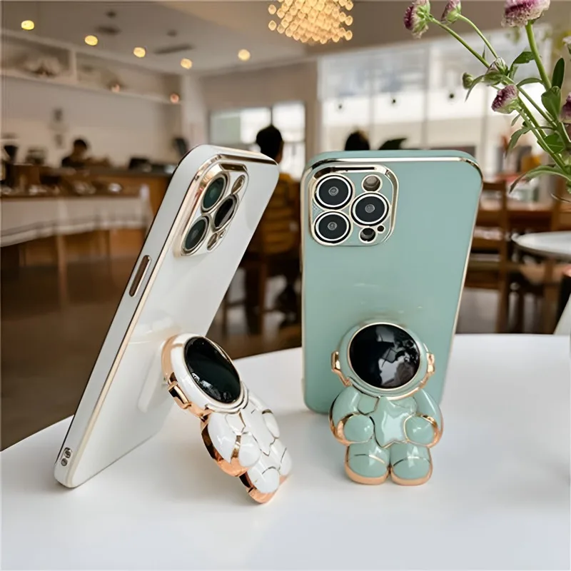 3D Astronaut Stand Holder Plating Phone Case For iPhone 13 Pro Max 11 12 XS Max XR X Mini 7 8 Plus 6 6S Camera Protection Cover images - 6