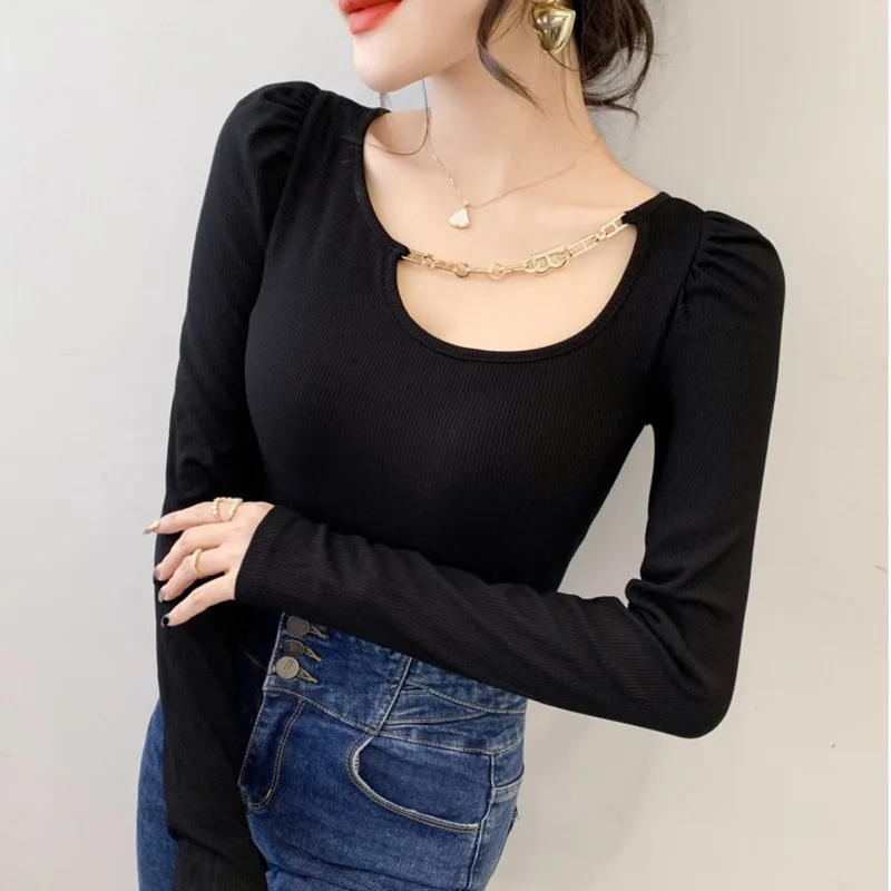 

#5762 Spring Autumn Hollow Out Long Sleeve T Shirt Women O-neck With Chain Short Skinny T Shirt Femme Slim Basic Women's T-shirt