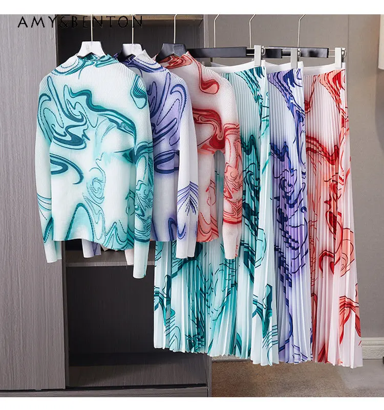

Women's Pleated Fashion Tops Spring and Autumn New Printing Suit Loose Long Sleeve Big Hem Mid-Length Skirt Two-Piece Set