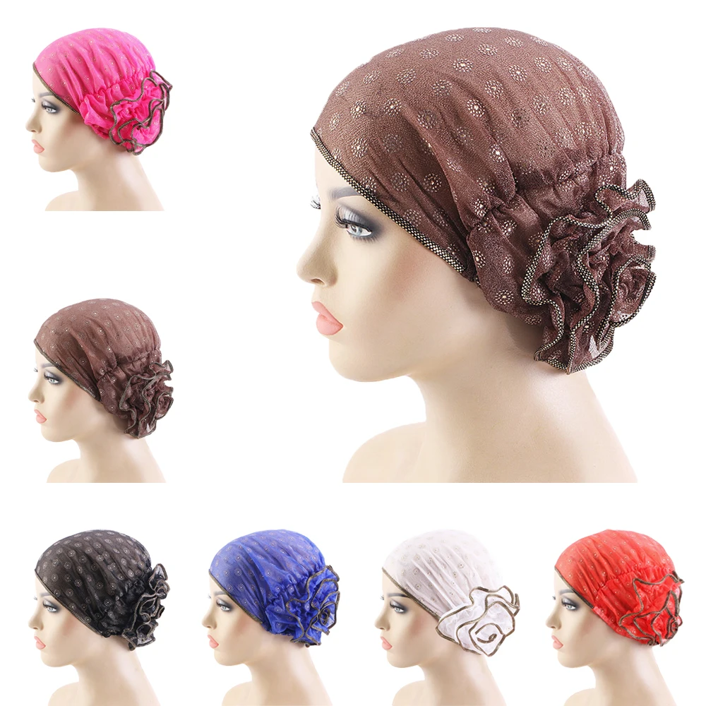 

Flower Lace Muslim Inner Hat Underscarf Women Hijab Bonnet Chemo Cap Stretch Hair Loss Hat Turban Headwear Wrap Female Headcover