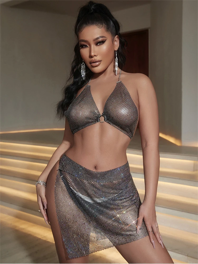 

Beach Outfits For Women Glitter Full Rhinestone Mesh See Through Crop Top Bra Shiny Crystal Split Miini Skirts Two Piece Sets