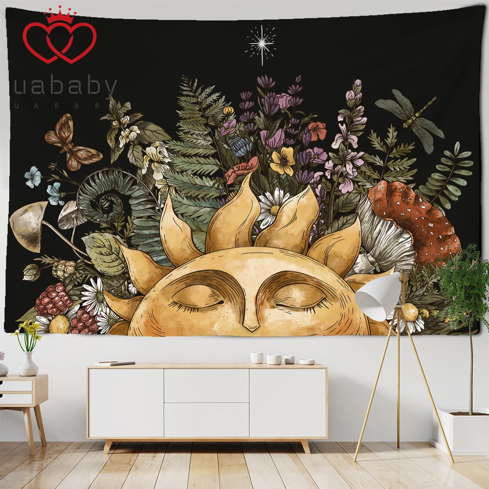

Retro Sun Tapestry Wall Hanging Flower Tapestry Plant Celestial Hippie Flower Wall Hanging Cloth Bedroom Decoration Starry Sky