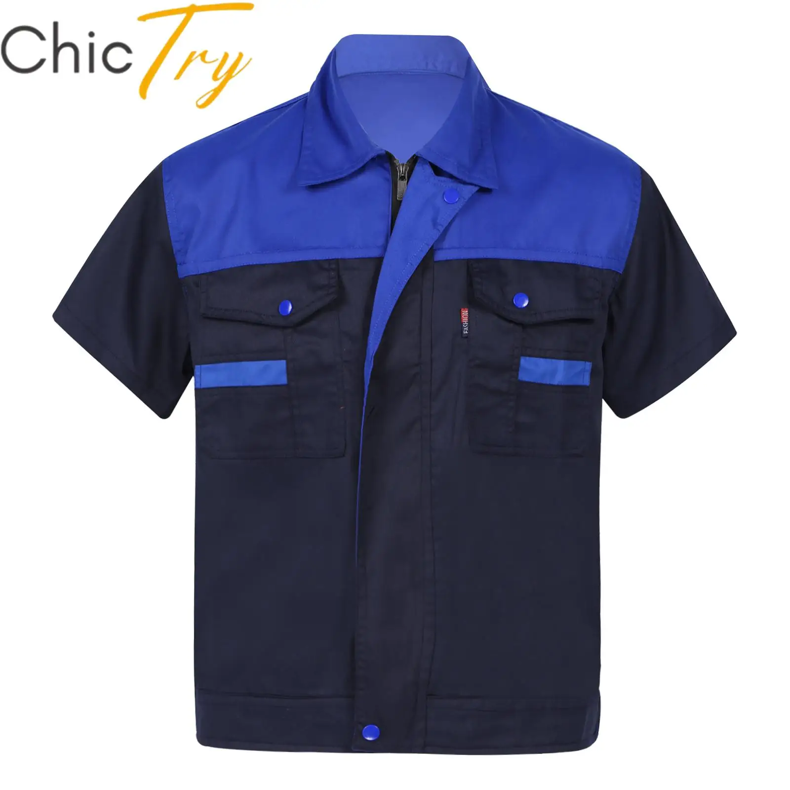 Mens Factory Work Shirt Uniform Short Sleeve Turn-Down Collar Workwear Motor Mechanic Repair Workshop Two-pocket T-shirts Tops