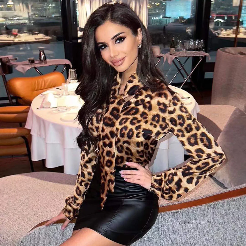 Women's Clothing 2022 Spring New Fashion Temperament Stand Collar Bandage Leopard Long Sleeve Top Women