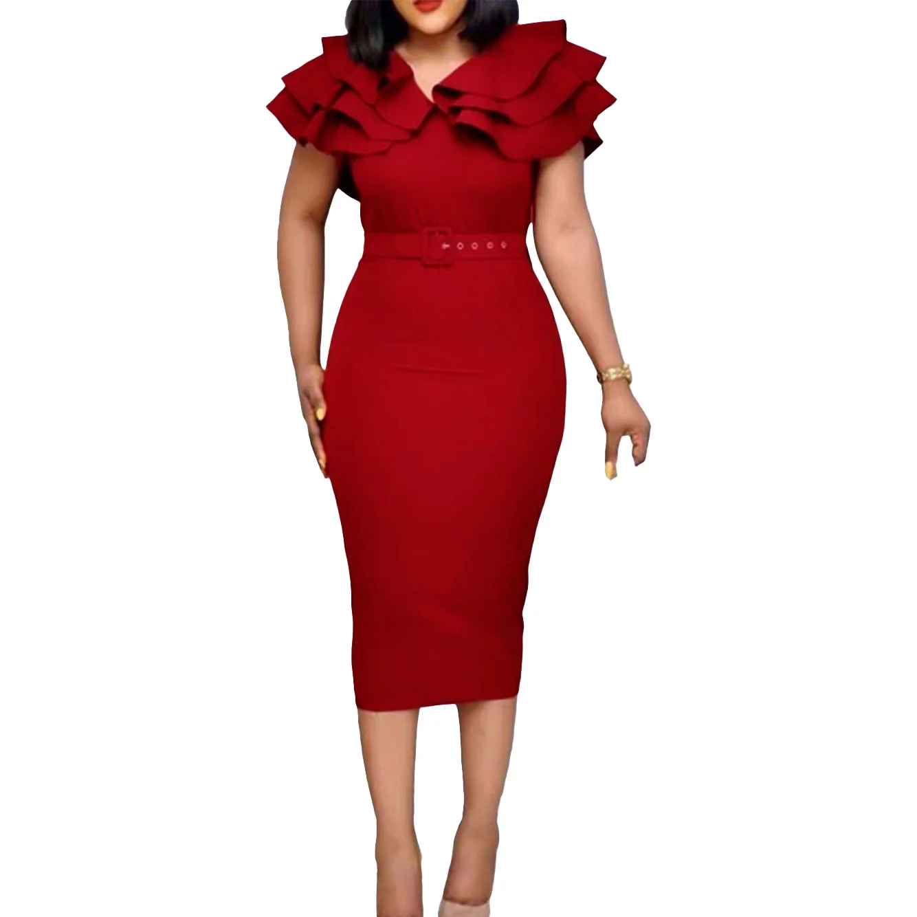 D012 2024 женское платье с оборками по краям коротким рукавом