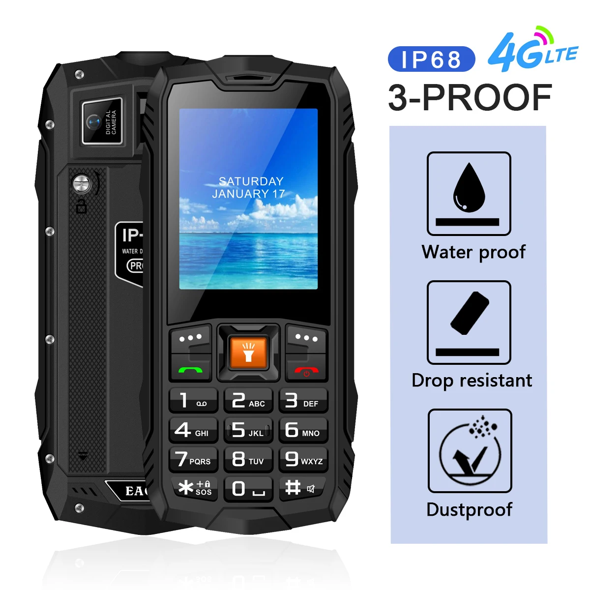 EAOR 4G Feature Phone IP68 Dust/Waterproof Big Battery Dual SIM Rugged Cellphone Push-Button Bar Phone with Glare Flashlight