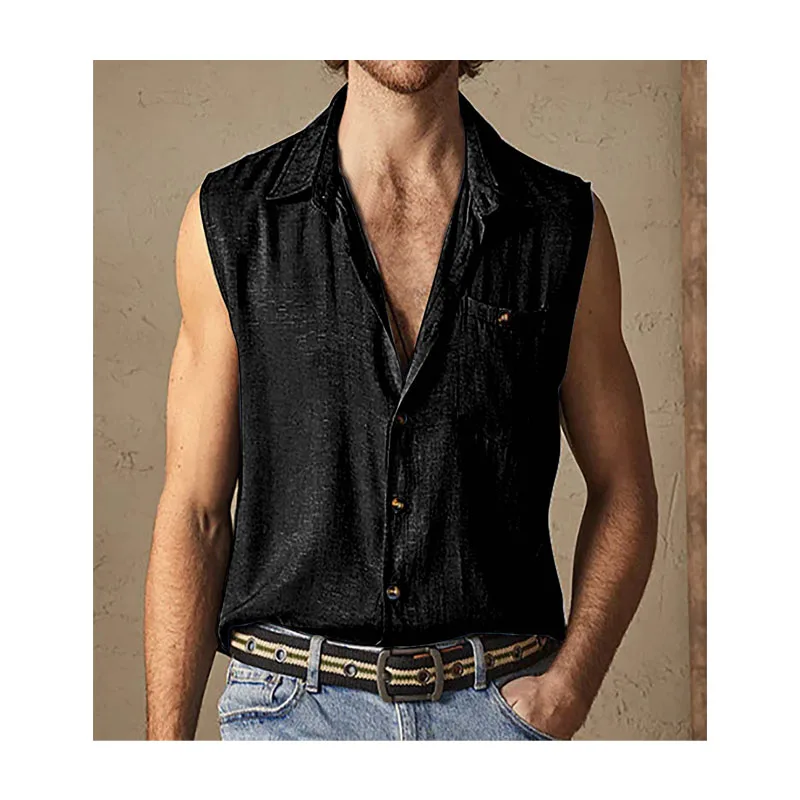 

Men's Stand-up Collar Sleeveless Cardigan Summer Shirt Denim Style Vest Top T-shirt Muscle Men Sleeveless Casual Cardigan Shirt