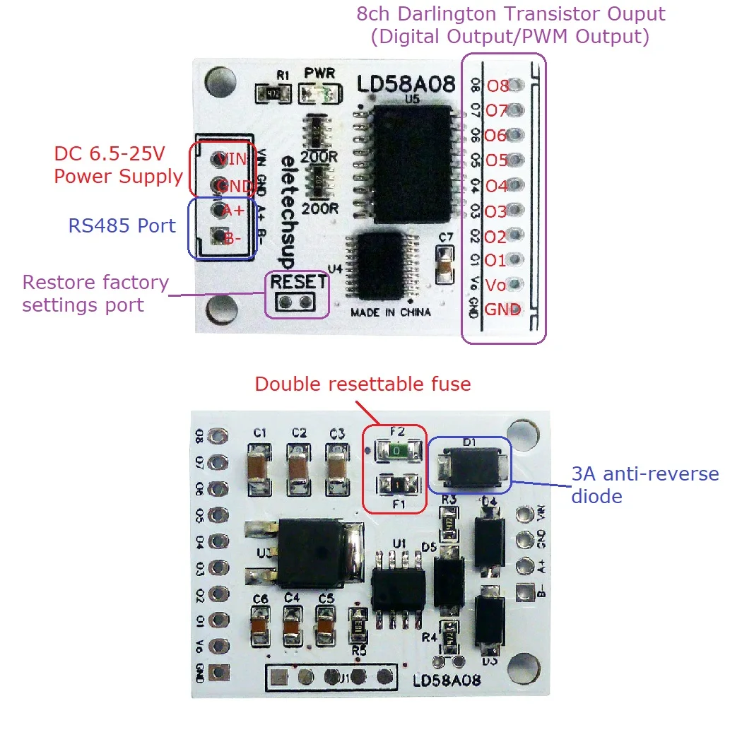 8-канальный RS485 Modbus RTU DO/PWM выход Многофункциональная плата драйвера MOS для