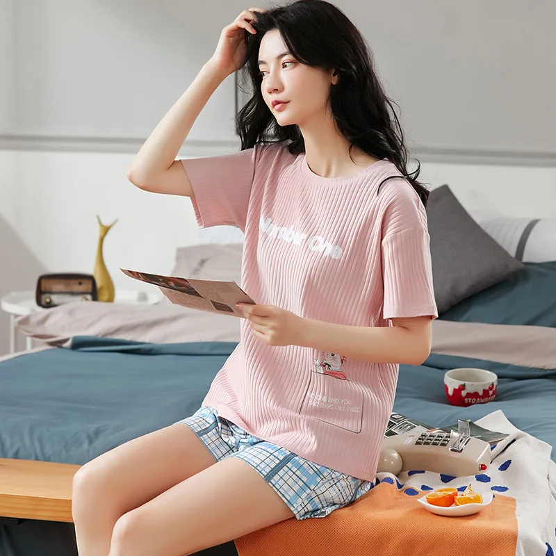 100% Cotton Women Pajamas Sets Striped Pyjamas Famale Loungewear Pijamas Short Sleeve T-Shirt Shorts Suit Sleepwear Nightwear
