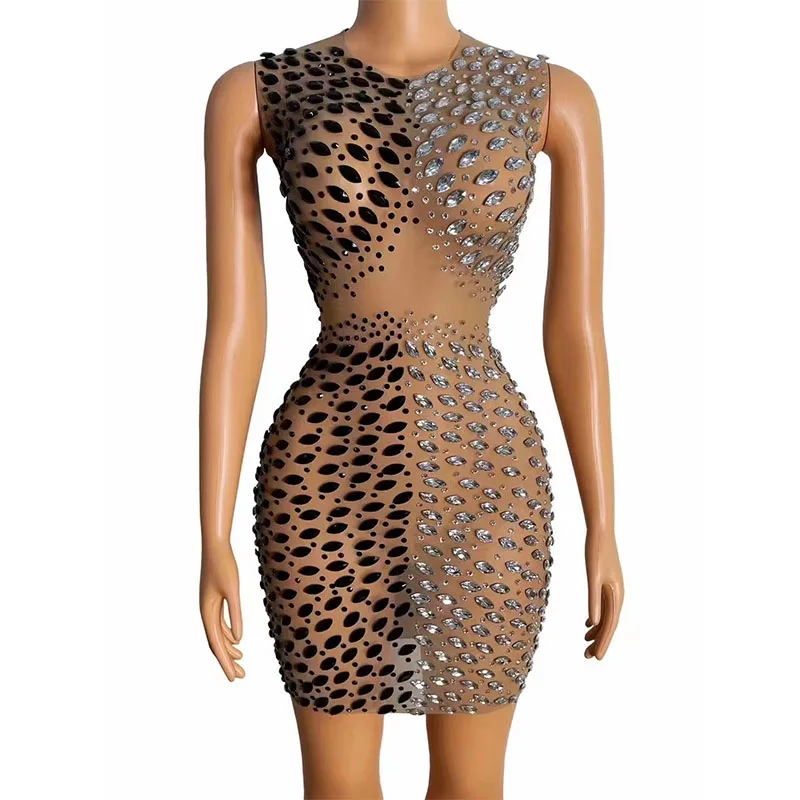 

Стразы, женское сексуальное прозрачное платье без рукавов, эластичное Сетчатое платье для танцев на день рождения, костюм для бара, певицы