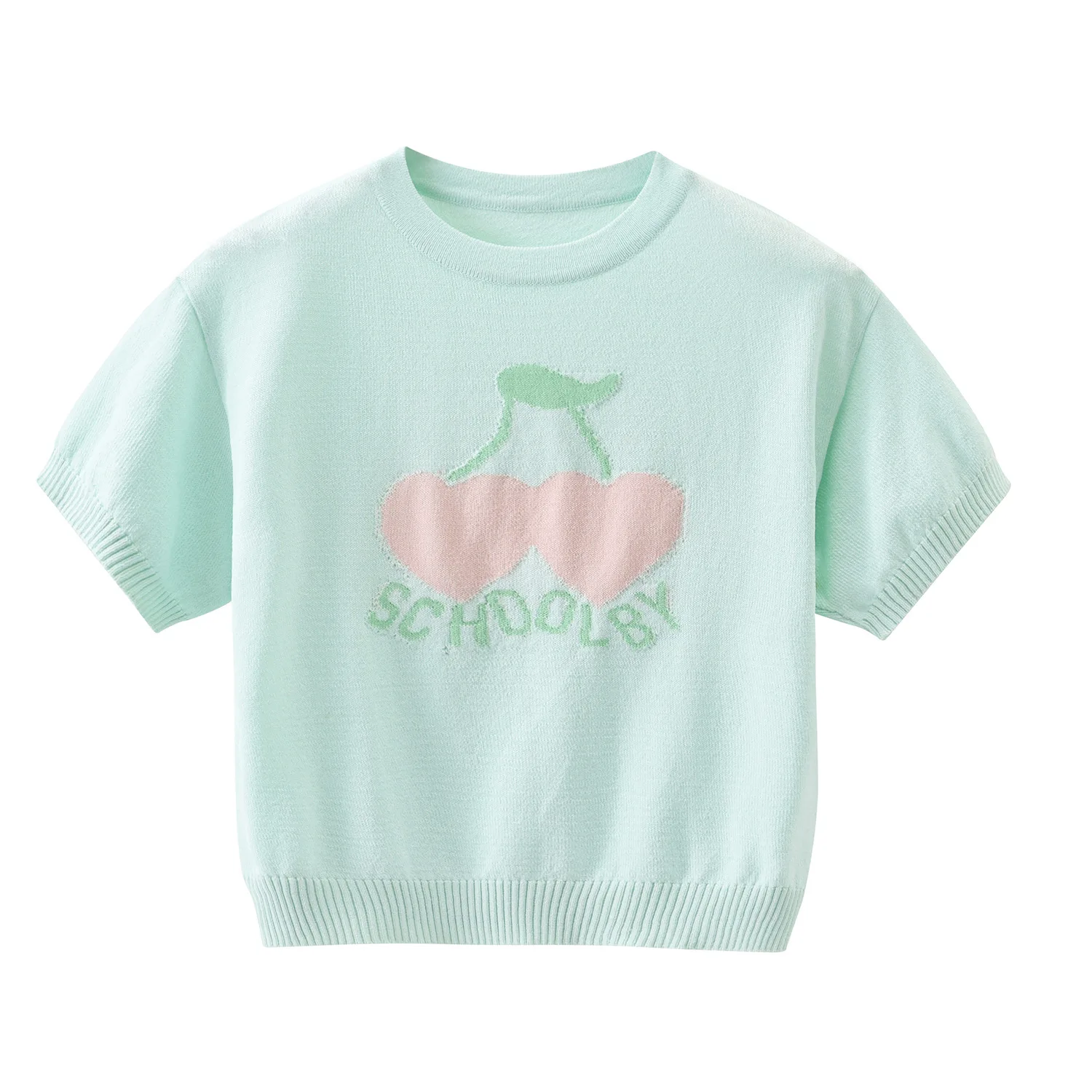 

Knitted T-shirts for Girl Korean Summer O-neck Cherry Pattern Tees Thin Cool Solid Young Children's Clothing From 2 to 7 Years