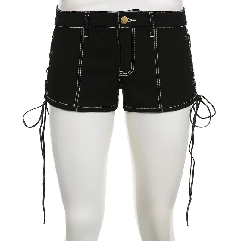 Goth Dark Bandage Side Y2k Denim Booty Shorts Gothic Sexy Low Waist Skinny Hot Bottoms Grunge Female Night Party Mini Short 2023