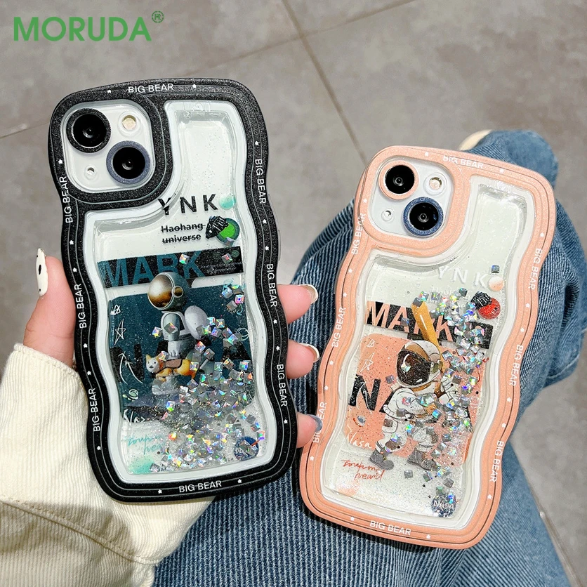 

Cool Astronaut Glitter Quicksand Phone Case for iPhone 11 12 13 Pro Xs Max 7 8 Plus XR X Wavy Border Shockproof Soft Back Cover