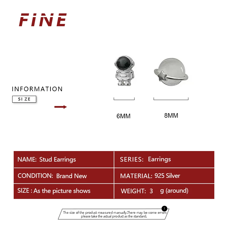 Silver-plate Asymmetric Cute Space Astronaut Planet Opal Stud Earrings for Women Silver Color Lovely Simple Ear Piercing Jewelry