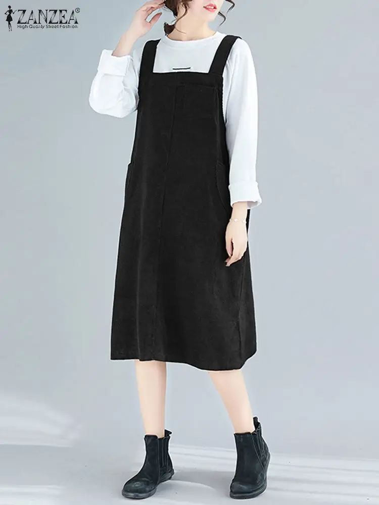 

Kaftan Corduroy Overalls Dress Womens Autumn Sundress ZANZEA Suspender Vestidos Female Button Split Robe Femme Oversized