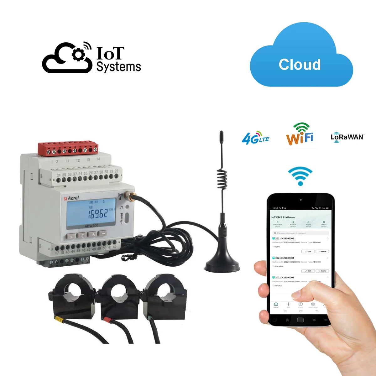 

4G Wifi Lorawan IOT Wireless 3 Phase Smart Energy Meter Rs485 Modbus-RTU MQTT with 3 Pcs AC 0-100A Current Transformer Input