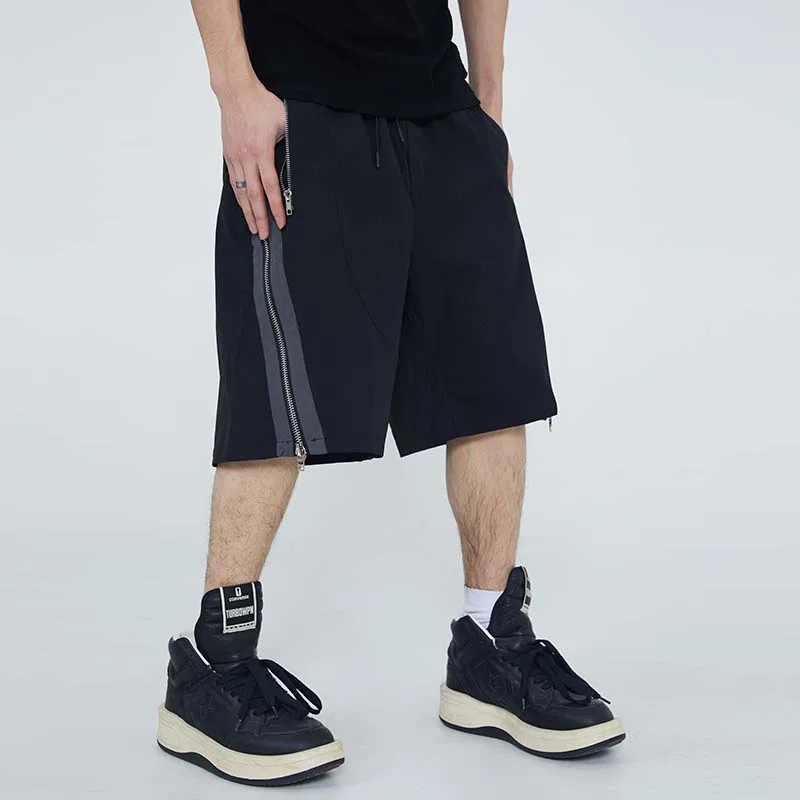 

Harajuku Retro Solid Color Side Zipper and Pockets Knee Length Pants Mens and Womens Drawstring Wide Leg Summer Shorts
