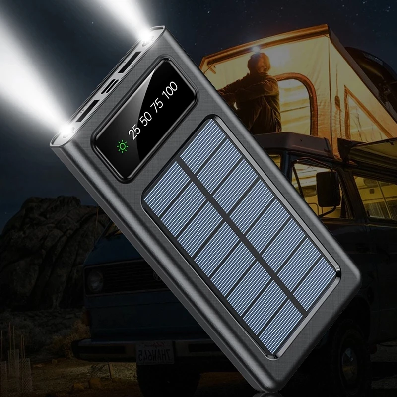Top Solar Power Bank Встроенные кабели 50000 мАч Солнечное зарядное устройство 2 USB-порта