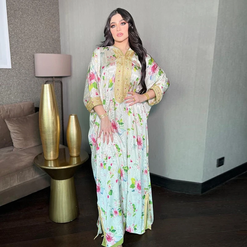 Diamonds Hooded Eid Printed Abayas For Women 2022 Plus Size Abaya Dubai Turkey Islam Arabic Muslim Long Luxurious Evening Dress