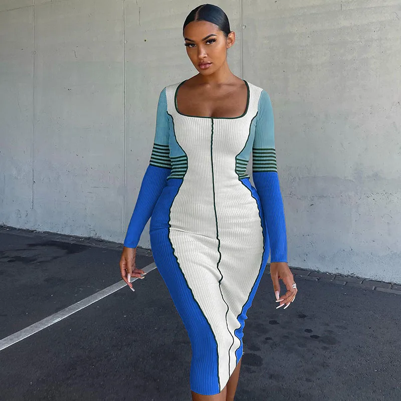 

Streetwear Knitting Ribbed Striped Print Birthday Dress Women Fall Winter Long Sleeve Square Neck Knee-length Midi Dress Elegant