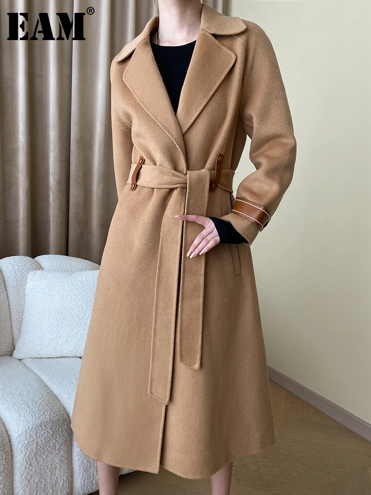 

[EAM] Loose Fit Black Belted Big Size Woolen Coat New Lapel Long Sleeve Women Jacket Fashion Tide Autumn Winter 2023 1DH0874