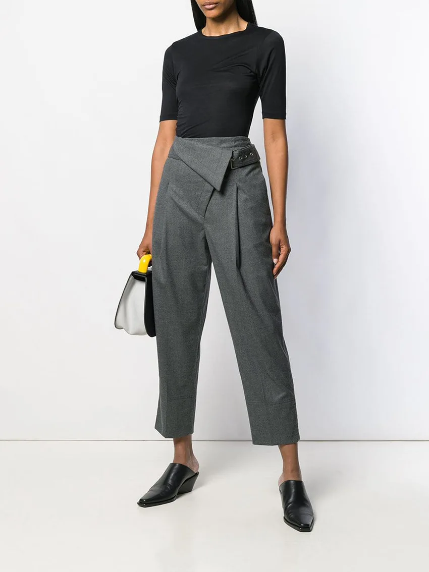 

Suit Pants Gray Belted Casual Pants Loose Folded Harem Pants Irregular Crooked Crotch Nine-point Trousers