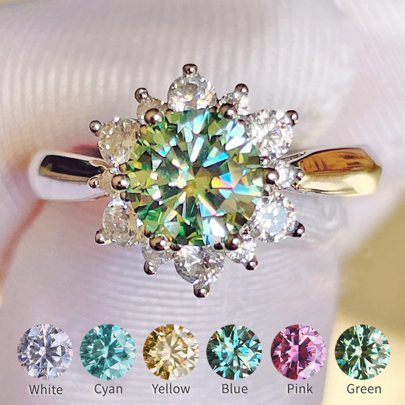 

Luxury Real Moissanite Ring Jewelry 1 Carat Blue Pink Yellow Green Cyan White Engagement Simulated Diamond Ring S925 Silver