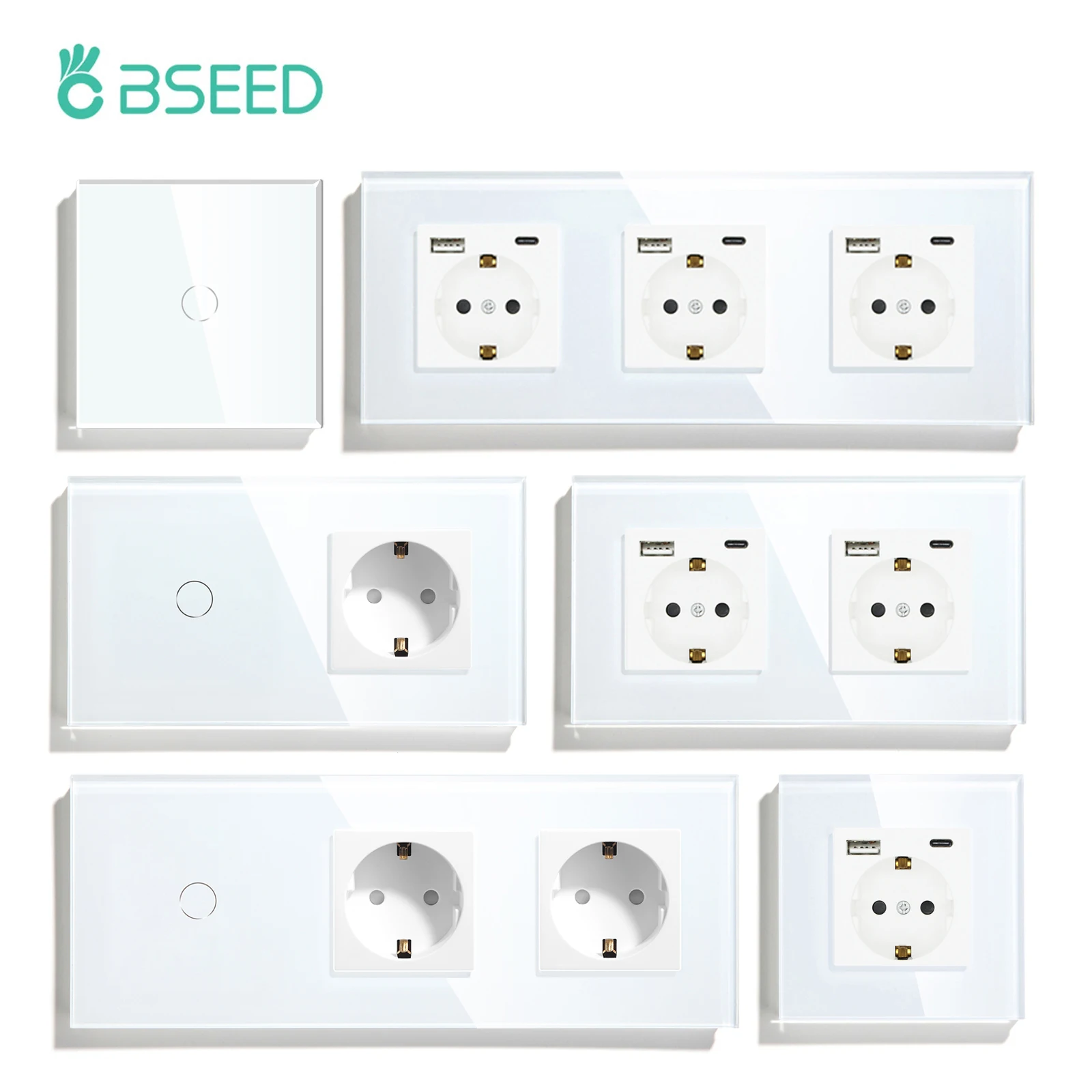 

BSEED Touch Light Switch 1/2/3Gang 1Way Touch Wall Switch Plus EU Power Socket Glass Panel Blue LED Backlight