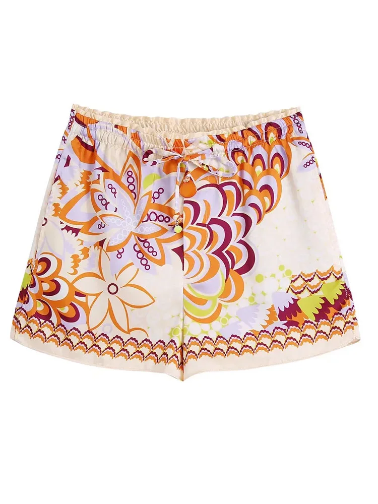 

xikom 2022 Women Fashion Side Vents Printed Shorts Vintage High Elastic Waist With Drawstring Female Short Pants Mujer