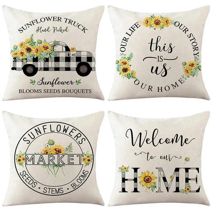 

45x45cm Plaid Sunflower Pillowcase Spring Linen Printed Home Living Room Sofa Decoration Cushion Cover