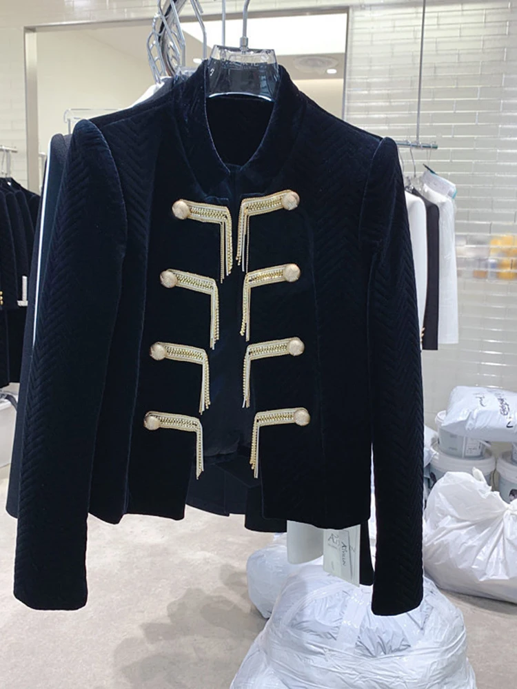 

Новинка 2022, Стильная дизайнерская женская куртка HIGH STREET с цепочкой, бархатная куртка с бусинами
