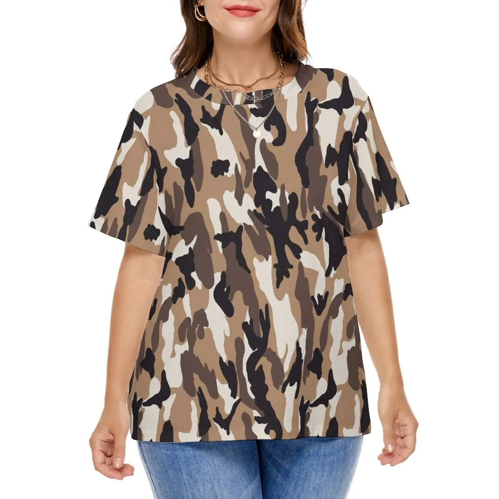 

Камуфляжные футболки с принтом в стиле милитари, черно-коричневая камуфляжная уличная одежда, Женская трендовая футболка с коротким рукаво...