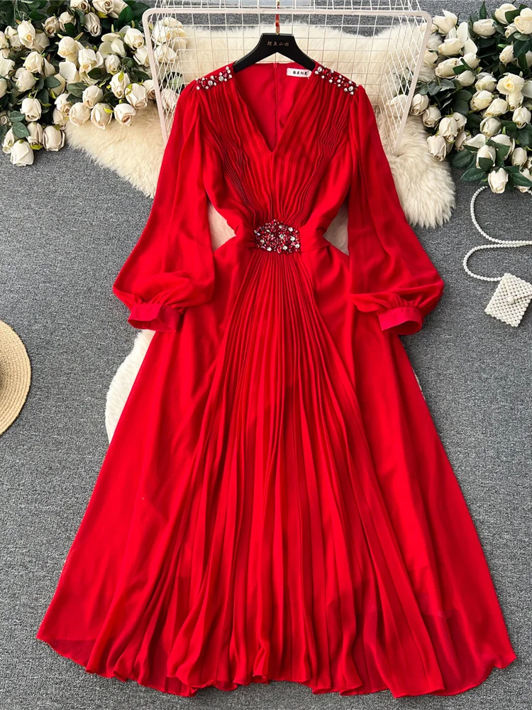 

Autumn Vintage Red/Purple/White Pleated Party Long Dress Elegant Beading Diamonds Puff Sleeve High Waist A-Line Draped Robe New