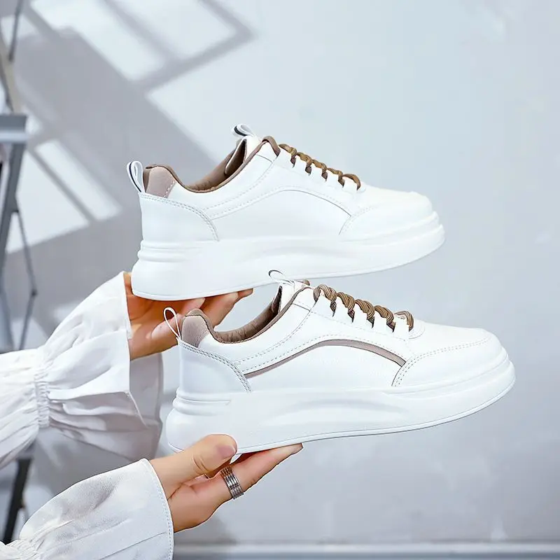 Small White Shoes Women Versatile Student Board Shoe Casual Fashion Lace Up Thick Soled Sneakers Wear Resistant Slip Resistant
