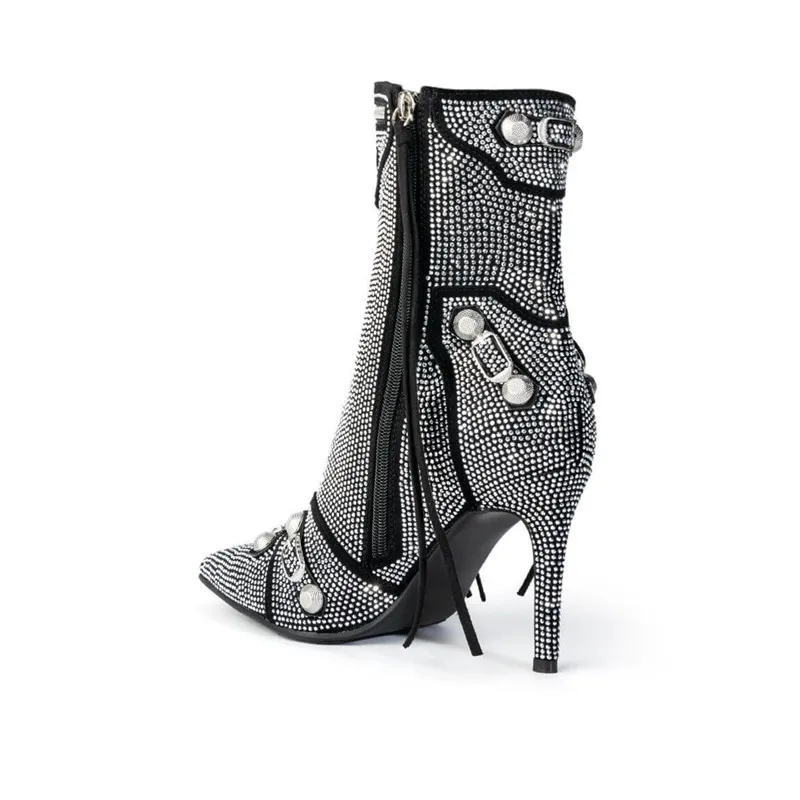 Female Boots For Fashion Shiny Crystal Pointed Toe Zip Knee High Med Calf Boots For Women Stylish Luxury Shoes Woman Brand New