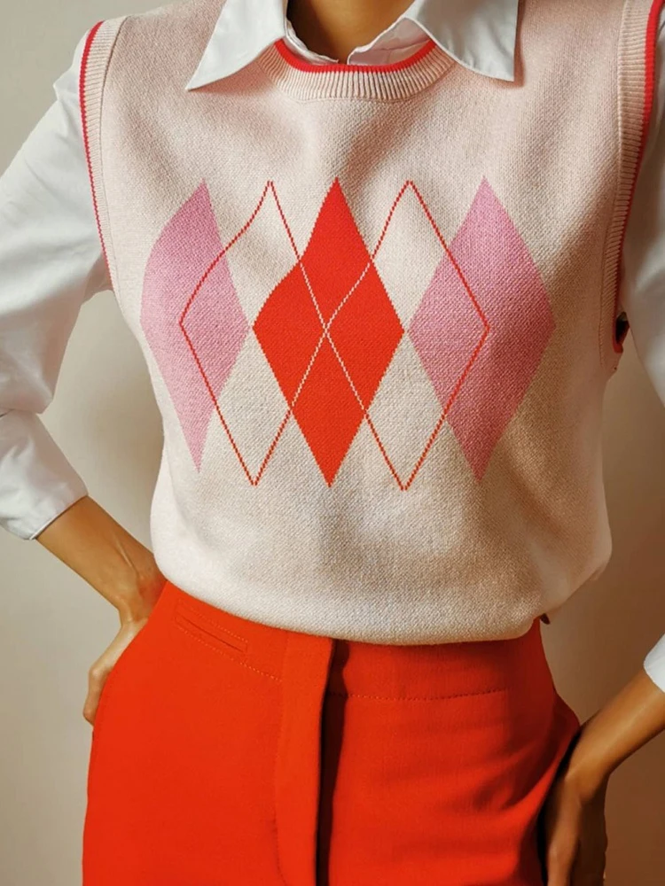 

Y2k Sweet Argyle Cropped Knitted Vest Sweaters Za Women Patchwork Sleeveless Knitwear Pink Kawaii Jumpers Female 2021 Fashion