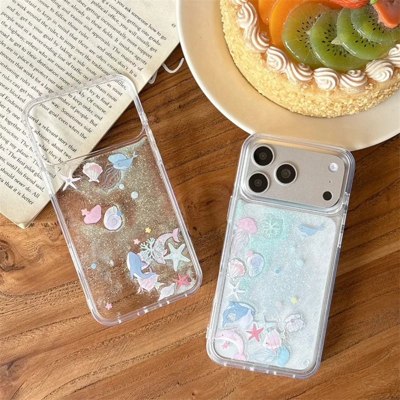 Фото Чехол для iPhone 17 Pro Max 16 15 с блестками, жидким песком и динамическим эффектом: плавающие дельфины и киты, прозрачная крышка с динамическим движением песка №1