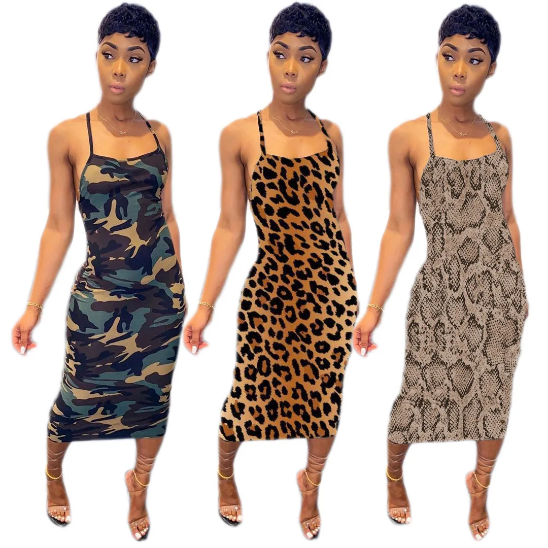 

SKMY 2022 Women Clothing Fashion Printed Spaghetti Strap Dress Sexy Club Outfits Round Neck Backless Midi Dress Elegant Party