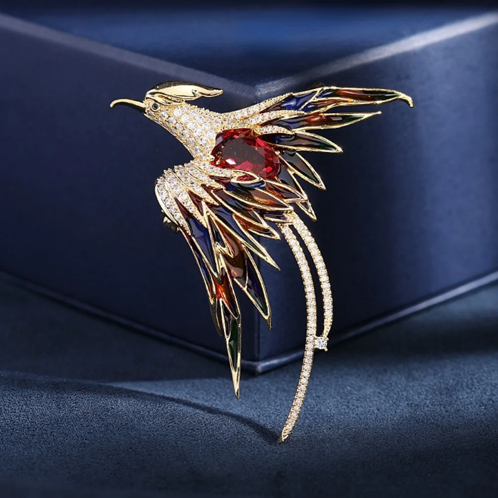 

Gold Phoenix Luxury Shiny Brooch Women's Zircon Wedding Jewelry Crystal Gift Corsage Clip Brooches Badge Colorful Bird Lapel Pin