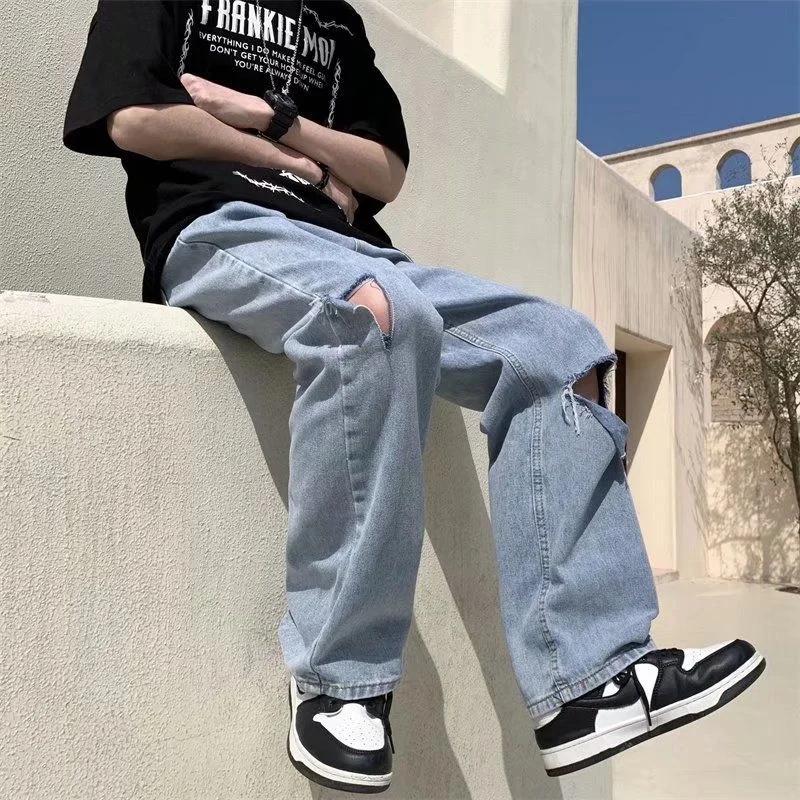 Summer Ripped Blue Jeans Men Fashion Casual Straight Baggy Jeans Men Streetwear Loose Hip Hop Hole Denim Pants Mens S-5XL