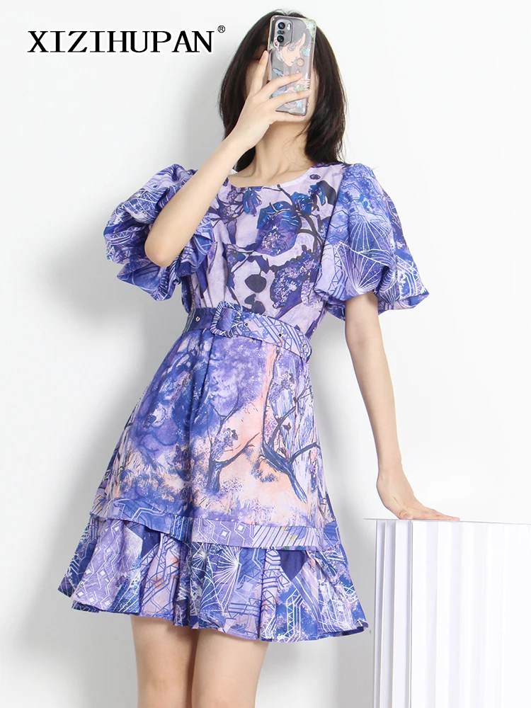 

XIZIHUPAN Patchwork Sashes For Female O Neck Puff Sleeve High Waist Lace Up Mini Dresses Women 2022 Summer Fashion Clothing New