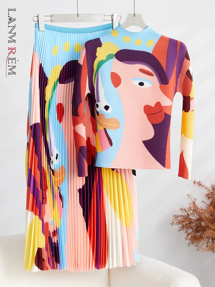 

LANMREM Fashion Printing Pleated 2 Pieces Set For Women Round Neck Long Sleeves Slim Tops High Waist Skirts 2023 New 32D468