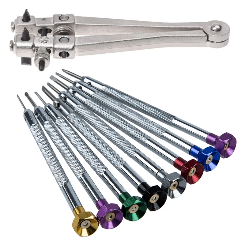 Silver V-Shaped Table Legs Opener Cover Bottom Cover Watch With Set Of 8 Cross Slot Screwdriver For Repair Clock