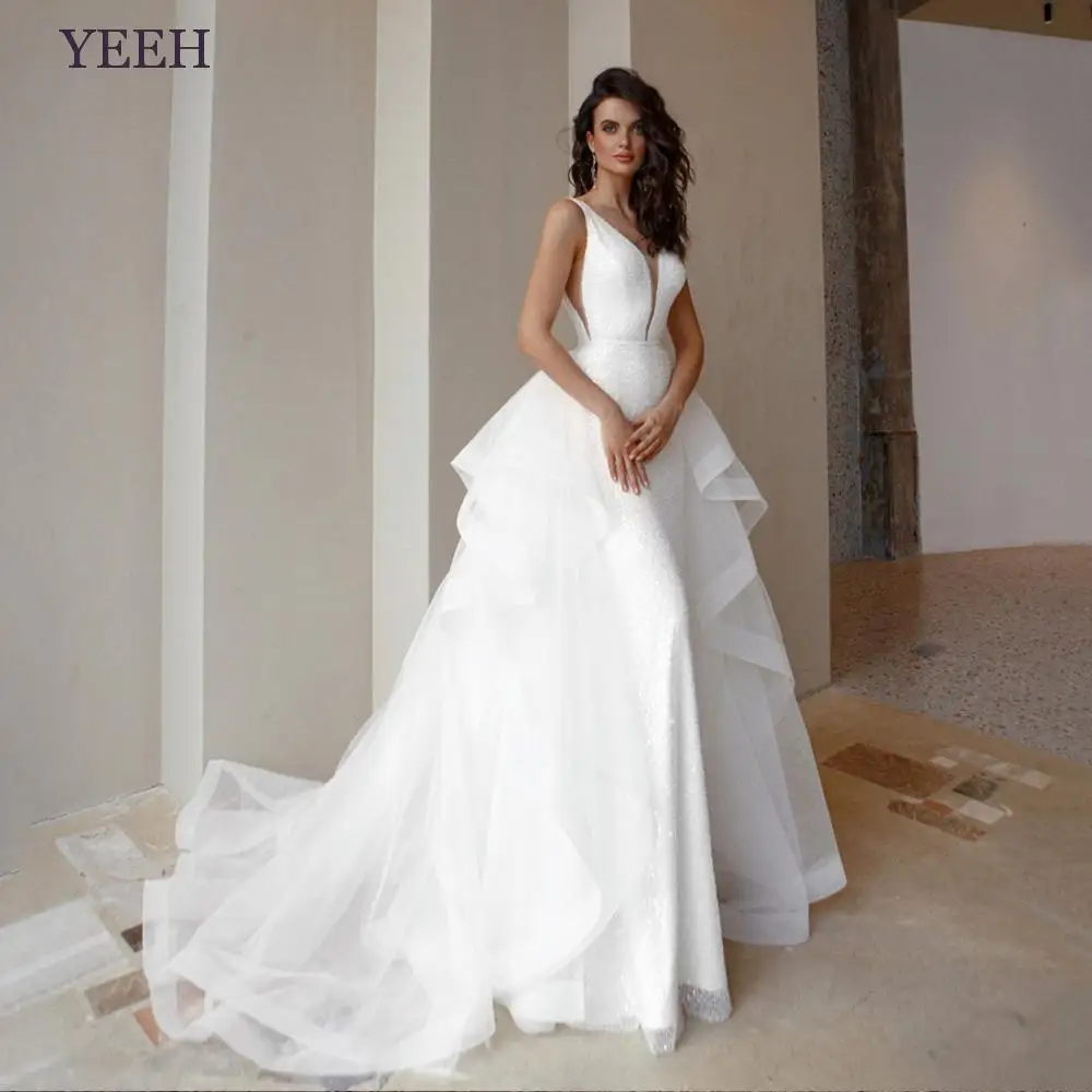 

YEEH Princess White Pleated Wedding Dresses For Bride Two Pieces Simple V-Neck Low Back Bridal Gown Sweep Train Vestido De Novia