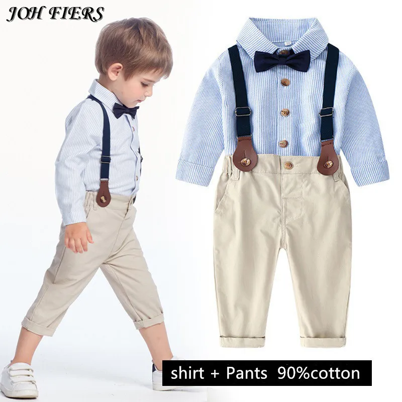 

Модная новинка, Детская рубашка в полоску с длинным рукавом и галстуком-бабочкой JOH FIERS + брюки на подтяжках, повседневный костюм для мальчик...