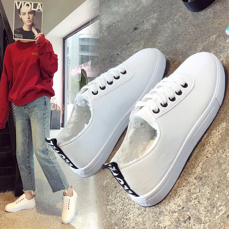 

Fashion Vulcanized Shoes Women Sneakers Pu Leather Platform Shoes Women Lace Up Casual Shoes White Winter Warm Student Shoes