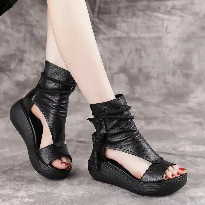 

Maogu Summer Shoes 2023 Black Open Toe Thick Bottom Leather Zipper Wedges Platform Casual Sandal Boots Fashion Women Sandals 34