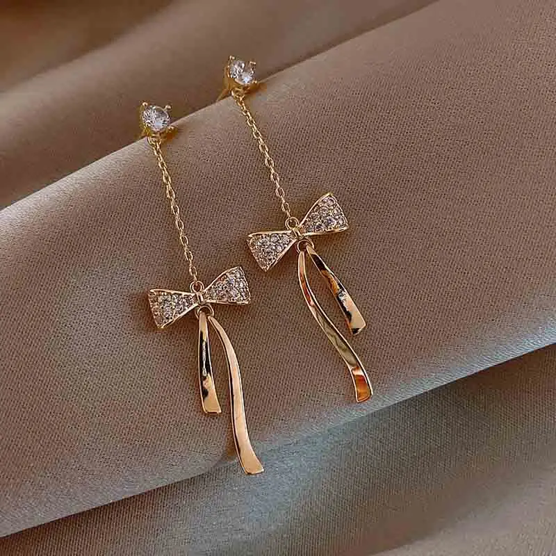 

Korean New Fashion Bow Dangle Drop Earrings for Women Gold Trend Long Chain Tassel Crystal Statement Jewelry Wholesale Stud